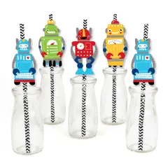 Big Dot of Happiness Gear Up Robots - Paper Straw Decor - Birthday Party or Baby Shower Striped Decorative Straws - Set of 24