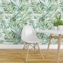 Peel & Stick Wallpaper 2FT Wide Watercolor Tropical Palm Leaf Green Jungle Exotic Plant Custom Removable Wallpaper by Spoonflower