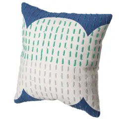 16" Handwoven Cotton Throw Pillow Cover with Ribbed Line Dots and Wave Border Blue with Cushion