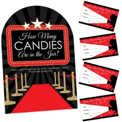 Big Dot of Happiness Red Carpet - How Many Candies Movie Night Party Game - 1 Stand and 40 Cards - Candy Guessing Game