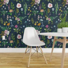 Pre-Pasted Wallpaper 2FT Wide Floral Summer Daisy Navy Blue Flowers Rose Vintage Custom Pre-pasted Wallpaper by Spoonflower