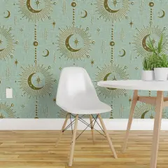 Peel & Stick Wallpaper 2FT Wide Sun And Moon Stars Retro Fifties Starburst Solar Good Luck Talisman Moroccan Lunar Hamsa Fortune Telling Custom Removable Wallpaper by Spoonflower