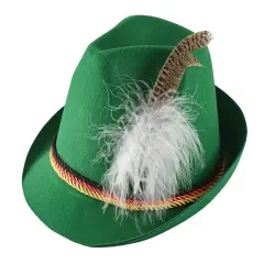 German Oktoberfest Alpine Fedora - Bavarian Swiss Green Traditional Trachten Felt Costume Hat with Feather for Kids and Adults
