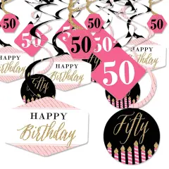 Big Dot of Happiness Chic 50th Birthday - Pink, Black and Gold - Birthday Party Hanging Decor - Party Decoration Swirls - Set of 40