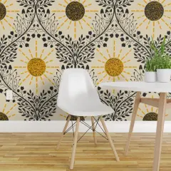 Pre-Pasted Wallpaper 2FT Wide Retro Boho Sun Retro Sun Mushroom Organic Mushrooms Sunshine Botanical Ogee Weather Textured Yellow And Black Flowers Custom Pre-pasted Wallpaper by Spoonflower