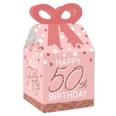 Big Dot of Happiness 50th Pink Rose Gold Birthday - Square Favor Gift Boxes - Happy Birthday Party Bow Boxes - Set of 12
