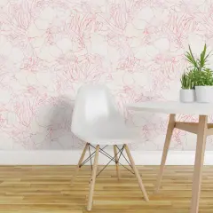 Peel & Stick Wallpaper 2FT Wide Pink Flower Floral Blossom Outline Peony Botanical Light Pat Custom Removable Wallpaper by Spoonflower