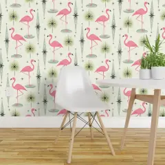 Peel & Stick Wallpaper 2FT Wide Atomic Flamingo Vertical Pink Flamingos Palm Leaves Diamonds Mid Century Retro Fifties 1950S Birds Exotic Custom Removable Wallpaper by Spoonflower