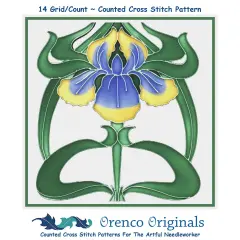 Art Nouveau Blue and Iris Flower Counted Cross Stitch Pattern