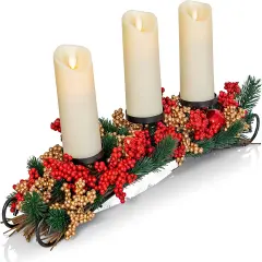 Ornativity Christmas D&eacute;cor Candle Holder &ndash; Xmas Themed Candle Holder Centerpiece Decorations with Red and Gold Berries and Evergreens