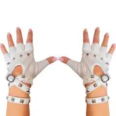 Fingerless Faux Leather Gloves - White Biker Punk Gloves with Belt Up Closure and Rivet Design for Women and Kids