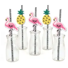 Big Dot of Happiness Pink Flamingo Paper Straw Decor - Party Like a Pineapple - Tropical Summer Striped Decorative Straws - Set of 24