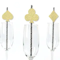 Big Dot of Happiness Gold Glitter Card Suits Party Straws - No-Mess Real Glitter Cut-Outs & Decorative Las Vegas Casino Party Paper Straws - Set of 24