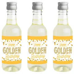 Big Dot of Happiness Golden Birthday - Mini Wine and Champagne Bottle Label Stickers - Happy Birthday Party Favor Gift for Women and Men - Set of 16