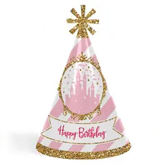 Big Dot of Happiness Little Princess Crown - Cone Pink and Gold Princess Happy Birthday Party Hats for Kids and Adults - Set of 8 (Standard Size)