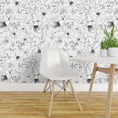 Peel & Stick Wallpaper 2FT Wide Black And White Flower Drawing Blossoms Leaves Floral Nature Botanical Monochrome Custom Removable Wallpaper by Spoonflower