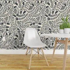 Pre-Pasted Wallpaper 2FT Wide Folk Vines Floral Beige Deep Navy Simple Nature Botanical Farmhouse Custom Pre-pasted Wallpaper by Spoonflower