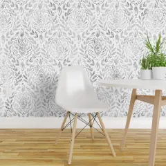 Peel & Stick Wallpaper 2FT Wide Neutral Damask Black And White Leaves Grey Gray Wallpaper Neutral Damask Texture Faded Distressed Custom Removable Wallpaper by Spoonflower