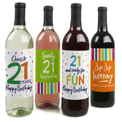 Big Dot of Happiness 21st Birthday - Cheerful Happy Birthday - Colorful Twenty-First Birthday Party Decor - Wine Bottle Label Stickers - Set of 4