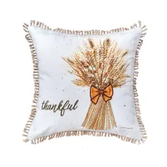 "Thankful" Wheat Bundle w/ Bow Cotton Blend Embroidered Accent Throw Pillow 18" x 18"