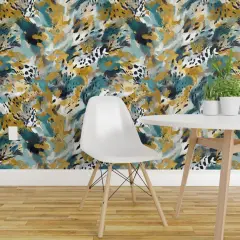 Peel & Stick Wallpaper 2FT Wide Animal Print Watercolor Jungle Nature Teal Gold Custom Removable Wallpaper by Spoonflower