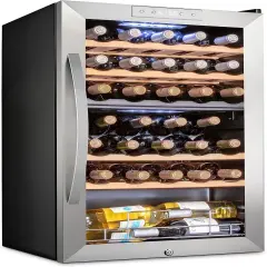 Schmecke 33-Bottle Dual Zone Wine Fridge, Freestanding Wine Refrigerator, Small Wine Cooler Stainless Steel