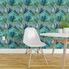 Peel & Stick Wallpaper 2FT Wide Jungle Palm Tropical Foliage Rainforest Summer Electric Blue Green Large Scale Custom Removable Wallpaper by Spoonflower