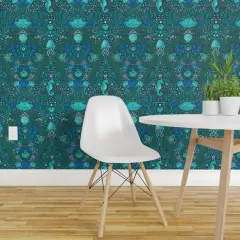 Pre-Pasted Wallpaper 2FT Wide Blue Small Scale Ocean Aquatic Life Seahorses Seaweed Aqua Water Beach Coastal Jellyfish Sea Urchin Custom Pre-pasted Wallpaper by Spoonflower