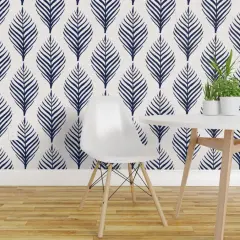 Pre-Pasted Wallpaper 2FT Wide Navy Blue Floral Botanical Palm Tropical Island Dark Coastal Southern Leaf Silhouette Large Scale Custom Pre-pasted Wallpaper by Spoonflower