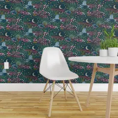 Pre-Pasted Wallpaper 2FT Wide Green Garden Nigh Moon Meadow Fireflies Magical Waterfall Dreamy Landscape Hand Painted Whimsical Nightlife Floral Botanical Small Scale Custom Pre-pasted Wallpaper by Spoonflower
