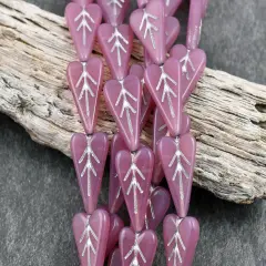 *8* 17x11mm Silver Washed Pink Opal Heart Leaf Beads