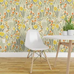 Pre-Pasted Wallpaper 2FT Wide Art Nouveau Garden Sage Green Yellow Abstract Flowers Large Scale Botanical Garden Custom Pre-pasted Wallpaper by Spoonflower