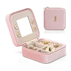 Vlando Small Travel Jewelry Box Organizer Display Case for Rings Earrings Necklaces Storage, Selected Soft Velvet, Letter J Engraved, Pink