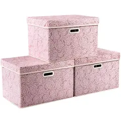 PRANDOM Larger Collapsible Storage Boxes with Lids Fabric Decorative Bins Cubes Organizer Containers Baskets Handles Divider for Bedroom Closet Living Room Pink 17.7x11.8x11.8 Inch 3 Pack