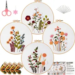 4 Sets Embroidery Kit Starter with Pattern and Instructions, DIY Beginner Starter Cross Stitch Kit Include 1 Embroidery Hoop, Needlework for Adults (Flower-Happy time)