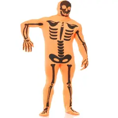 Adult Men's Orange Black Halloween Skeleton Bodysuit Costume