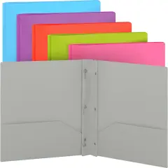 Enday Plastic Solid Color 2-Pockets Poly Portfolio W/ 3 Prongs Gray