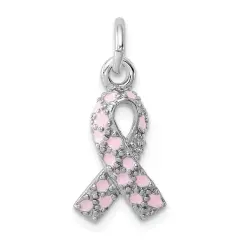Sterling Silver Enameled Pink Ribbon Charm Pendant Jewerly 21mm x 10mm