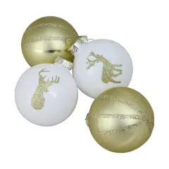 Northlight Reindeer and Striped Christmas Glass Ball Ornaments - 2.75" (69mm) - Gold and White - 4pc