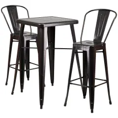 Emma and Oliver Commercial Grade 23.75" Square Metal Indoor-Outdoor Bar Table Set, 2 Back Stools Black-Antique Gold
