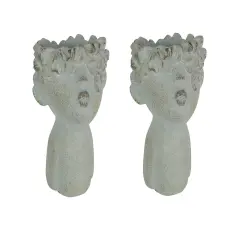 Set of 2 Pucker Up Junior Kissing Face Weathered Finish Concrete Head Planter