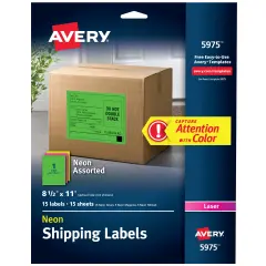 Avery Neon Shipping Labels for Laser Printers, Assorted: Green, Pink, Yellow Labels, 8-1/2" x 11", 15 Neon Labels (5975)