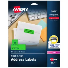 Avery Neon Address Labels with Sure Feed for Laser Printers, 1" x 2 5/8", 750 Green Labels (5971)