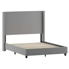 Merrick Lane Bramlett Modern Platform Bed - Gray Faux Linen - Queen - Padded Wingback Headboard - 8.5" Floor Clearance - Wood Support Slats - No Box Spring Needed