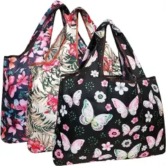 Wrapables Large Foldable Tote Nylon Reusable Grocery Bag, 3 Pack Tropical Beauty