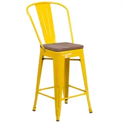 Merrick Lane Donnely Metal Dining Stool with Curved Slatted Back and Textured Wood Seat Yellow