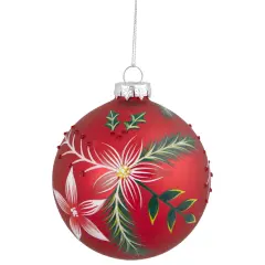 Northlight Poinsettia and Holly Glass Christmas Ball Ornament - 4" - Red