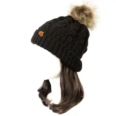 Wrapables Winter Warm Cable Knit Faux Fur Pom Pom Beanie Adult Black