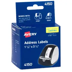 Avery Direct Thermal Roll Labels, 1-1/8" x 3-1/2", White, 130 Address Labels Per Roll, 2 Rolls (4150)