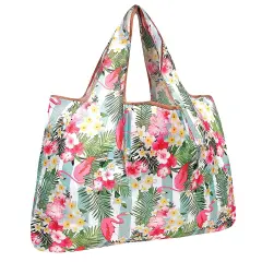Wrapables Large Foldable Tote Nylon Reusable Grocery Bag Flamingos Flower